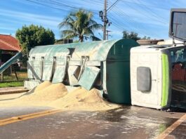 Caminhão carregado com ração tomba e interdita a PR-495 no distrito de Moreninha, em Santa Helena