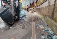 Carro sai da pista na BR-277 e cai no túnel de acesso à Igreja Matriz em São Miguel do Iguaçu