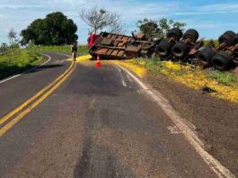 Carreta sai da pista e atinge árvores, cerca e poste na PR-496